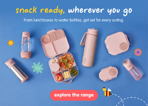 Collection of snack and lunch accessories on a blue background with promotional text.