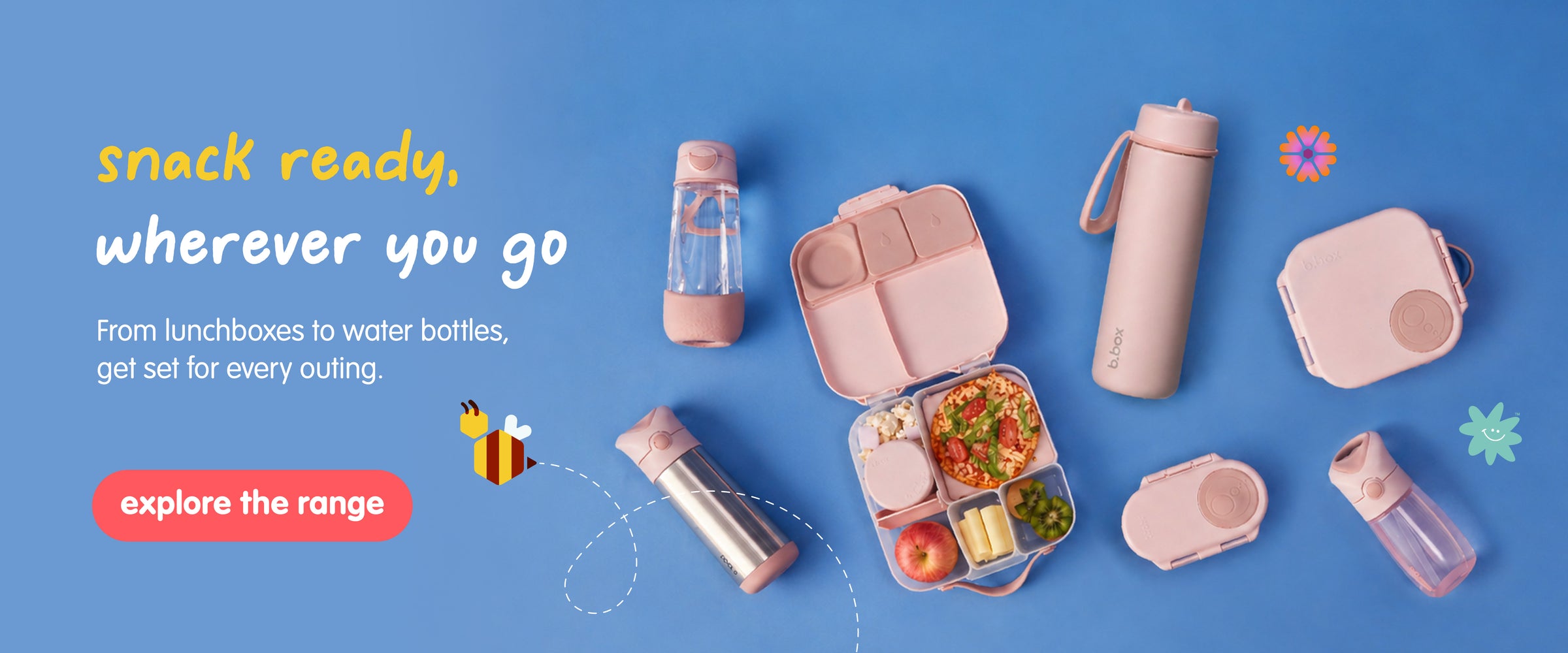 Pink snack containers and water bottles on a blue background with promotional text.