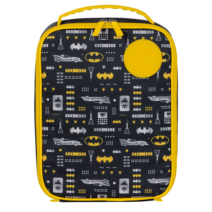 Insulated lunch bag with a Batman theme, featuring various Batman logos and a yellow zipper and handle
