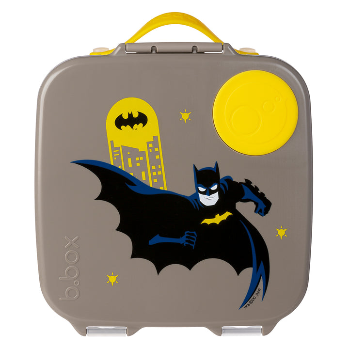 A Batman-themed kids lunchbox with a depiction of the character in his iconic costume against a gray background with yellow accents.