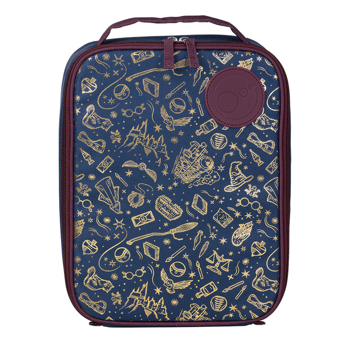 Harry Potter themed flexi insulated lunch bag in navy blue with golden character and object patterns, featuring a dark purple zipper and carrying handle.