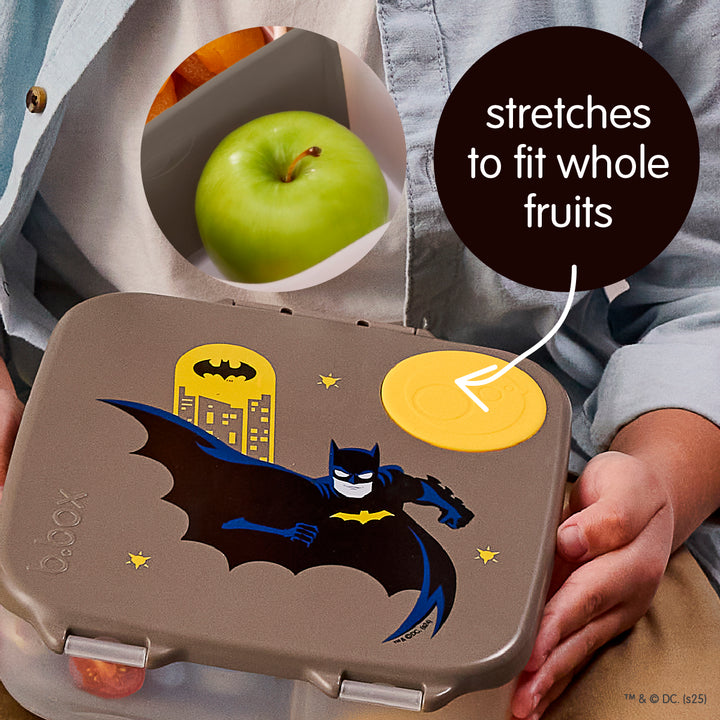 A Batman-themed kids lunchbox with a depiction of the character in his iconic costume against a gray background with yellow accents.