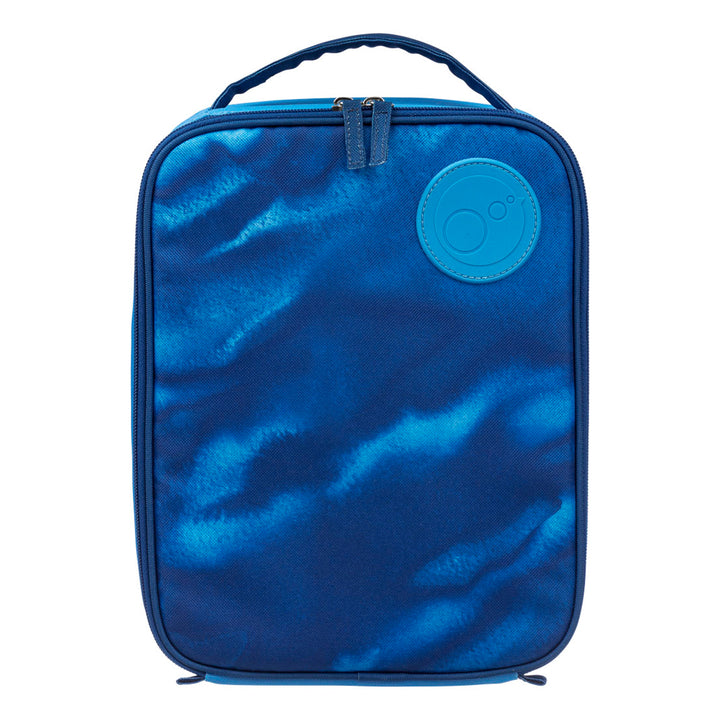 A deep blue insulated lunch bag with a marble pattern and a carry handle on top.